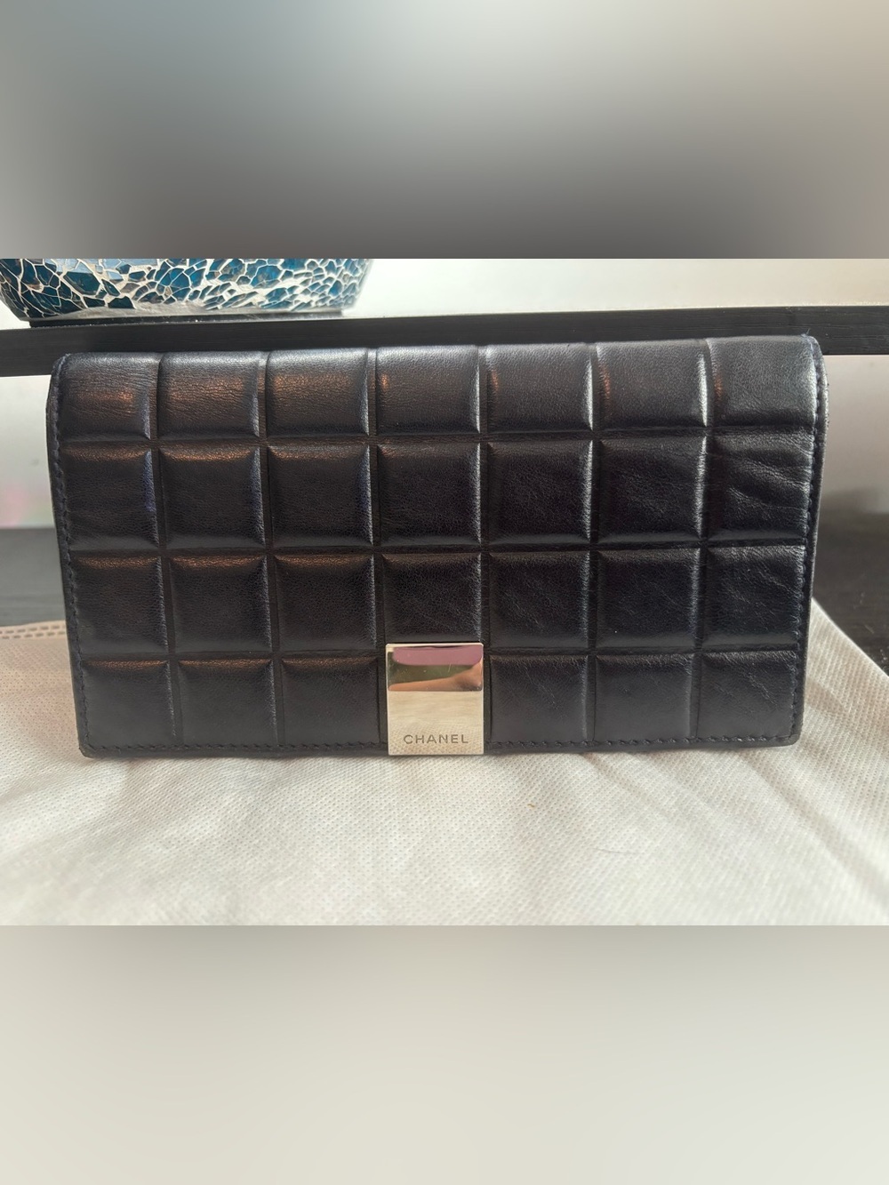 Authentic Chanel Vintage Dark Navy Lambskin Chocolate Bar Folding Long Wallet